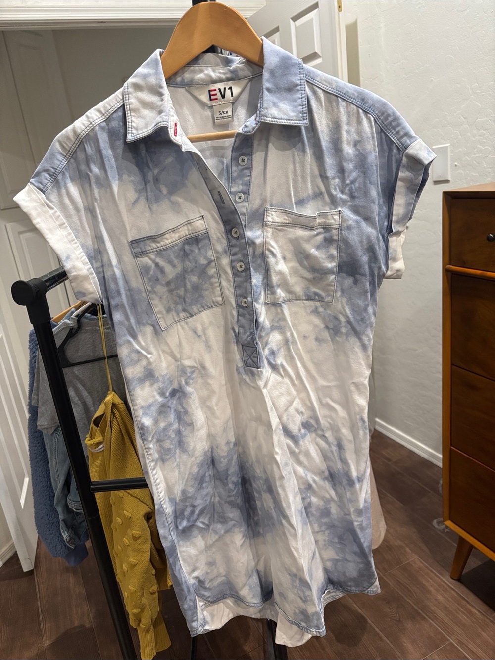 EV1 Women’s Blue & White Tie-Dye Button-Down Shirt Dress Size Small
